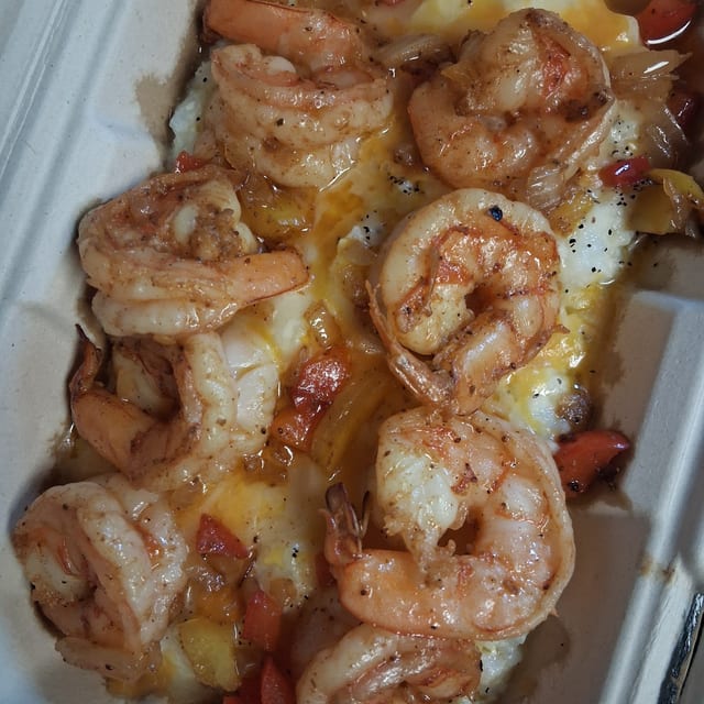 Shrimp Bowl With Grits Or Homemade Potatoes.
